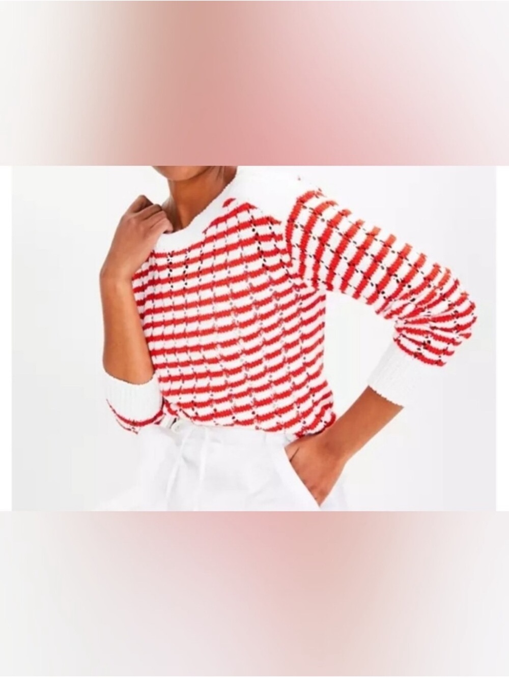 LOFT Women’s Small Red White Boat Neck Sweater 100% Cotton Preppy